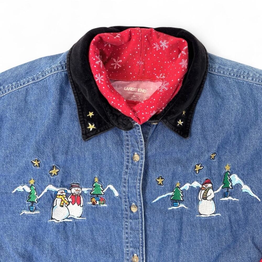 Holiday Denim Vest + Lands End Snowflake Turtleneck Womens 1X Christmas